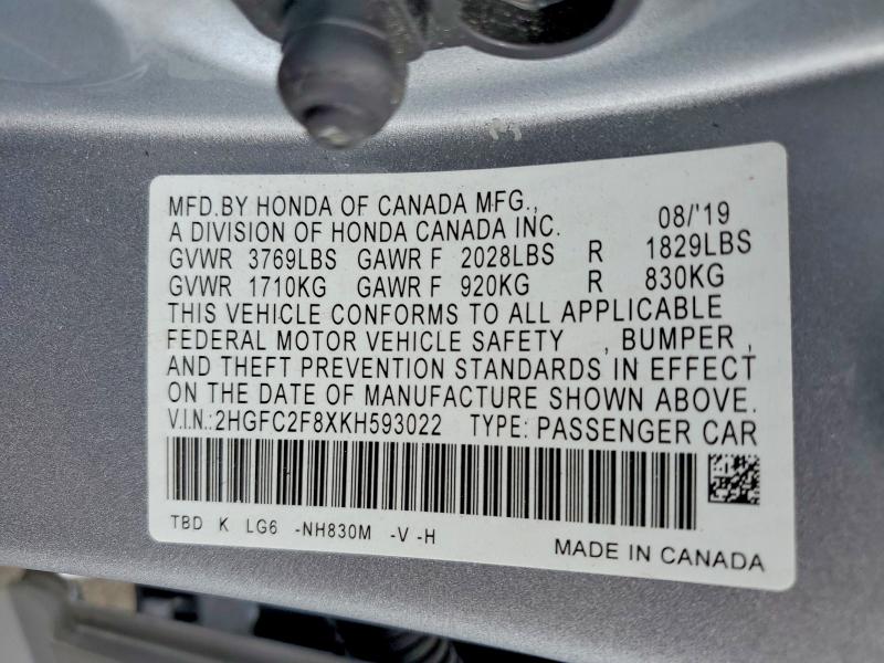 2019 Honda Civic მანქანა იყიდება აუქციონზე, vin: 2HGFC2F8XKH593022, აუქციონის ნომერი: 62492686