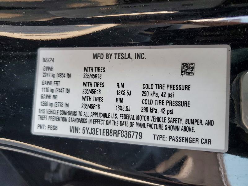 60677866 :رقم المزاد ، 5YJ3E1EB8RF836779 vin ، 2024 Tesla Model 3 مزاد بيع