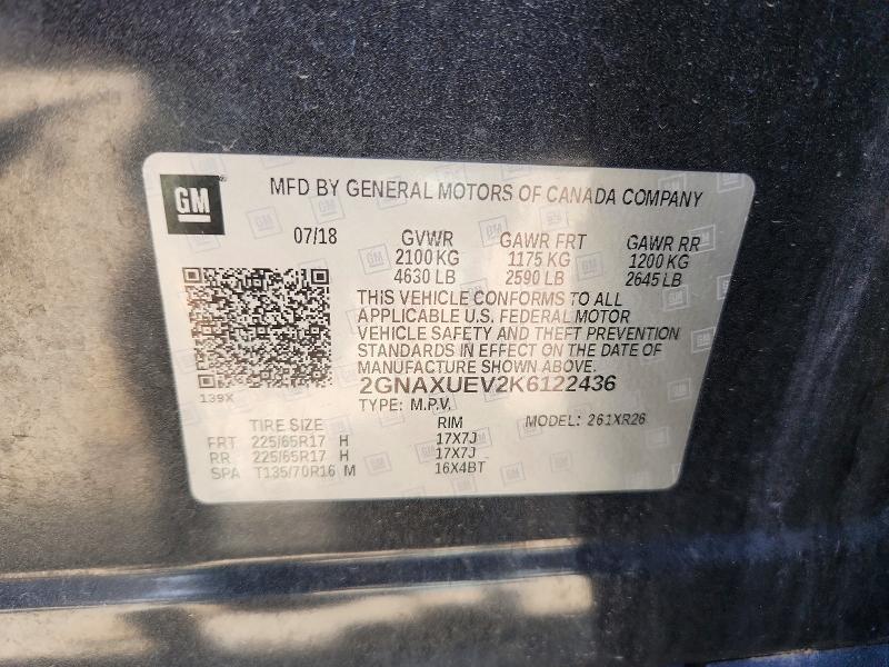 59978756 :رقم المزاد ، 2GNAXUEV2K6122436 vin ، 2019 Chevrolet Equinox مزاد بيع