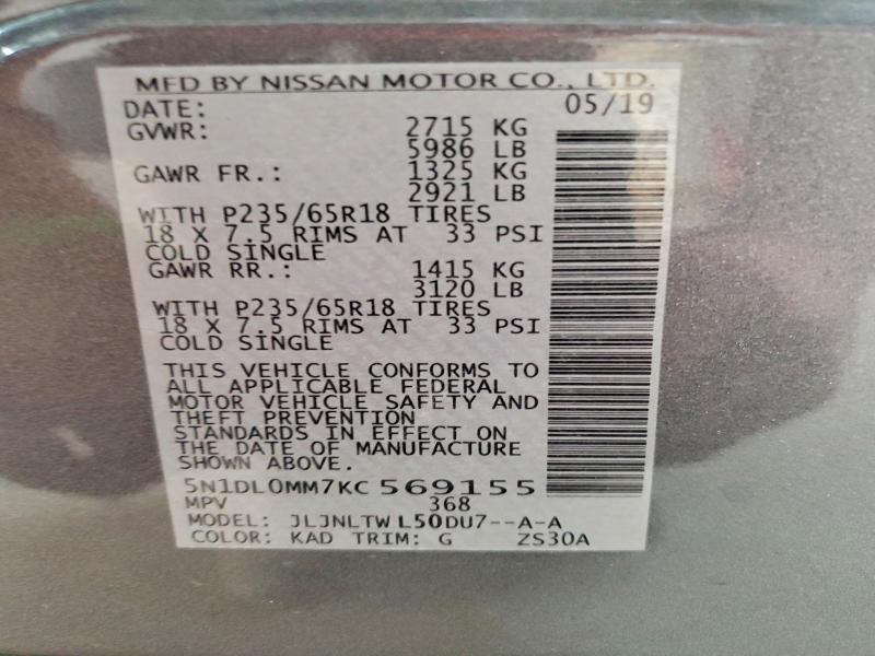 61121596 :رقم المزاد ، 5N1DL0MM7KC569155 vin ، 2019 Infiniti Qx60 مزاد بيع