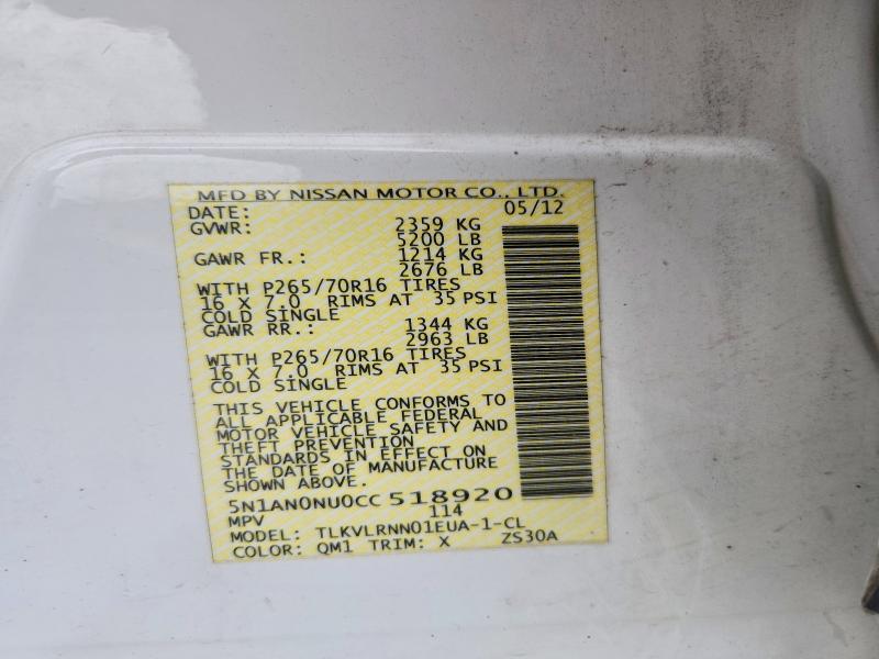 2012 Nissan Xterra მანქანა იყიდება აუქციონზე, vin: 5N1AN0NU0CC518920, აუქციონის ნომერი: 59173796