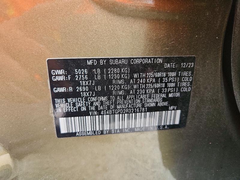 60498226 :رقم المزاد ، 4S4BTGPD2R3216781 vin ، 2024 Subaru Outback مزاد بيع