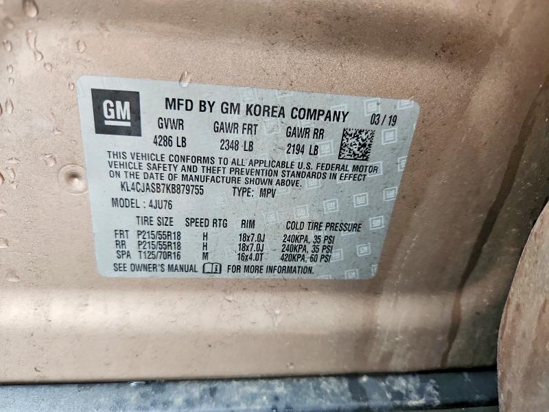 2019 Buick Encore მანქანა იყიდება აუქციონზე, vin: KL4CJASB7KB879755, აუქციონის ნომერი: 62507396