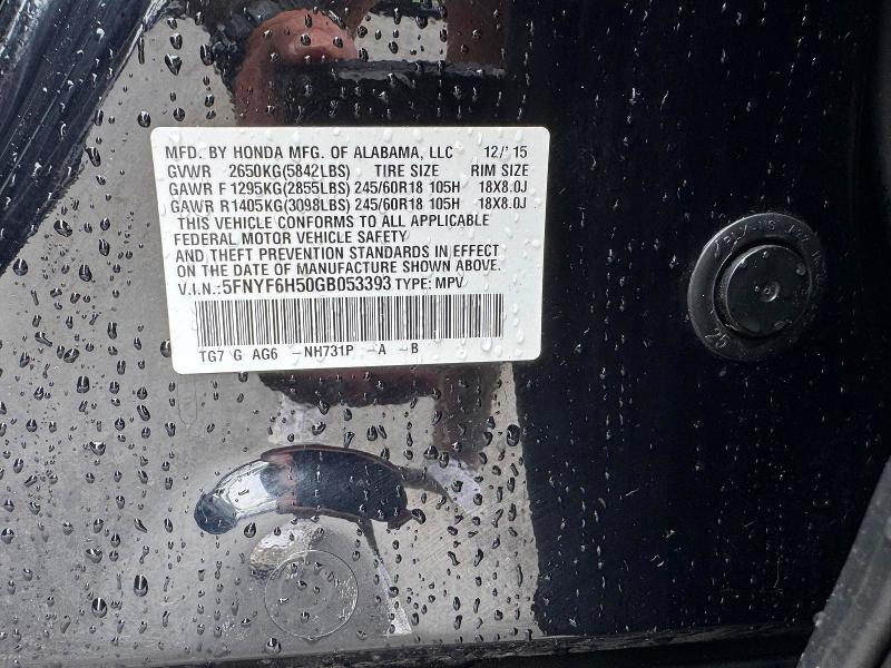 2016 Honda Pilot მანქანა იყიდება აუქციონზე, vin: 5FNYF6H50GB053393, აუქციონის ნომერი: 62395196