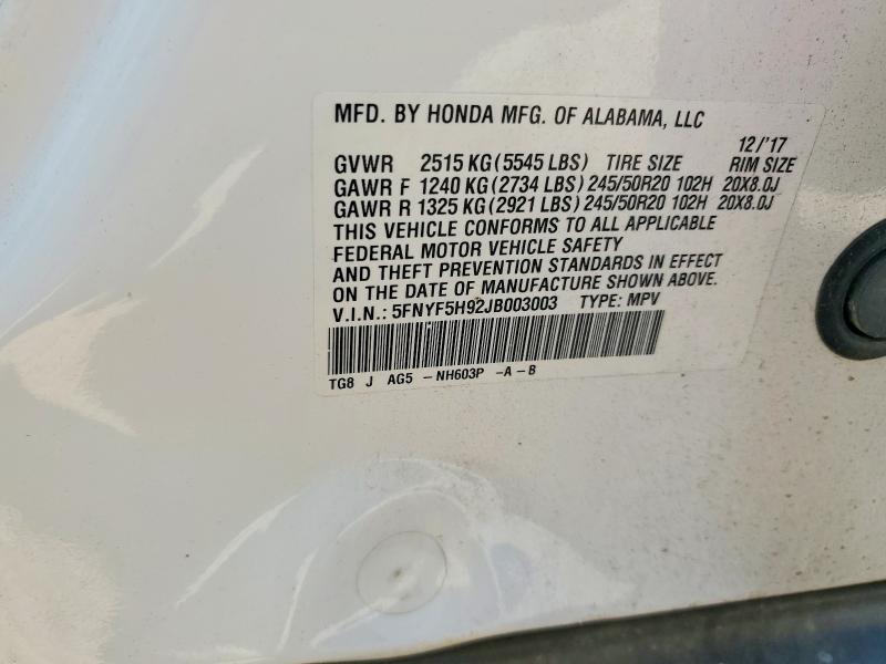Продаж на аукціоні авто 2018 Honda Pilot, vin: 5FNYF5H92JB003003, номер лоту: 60498706