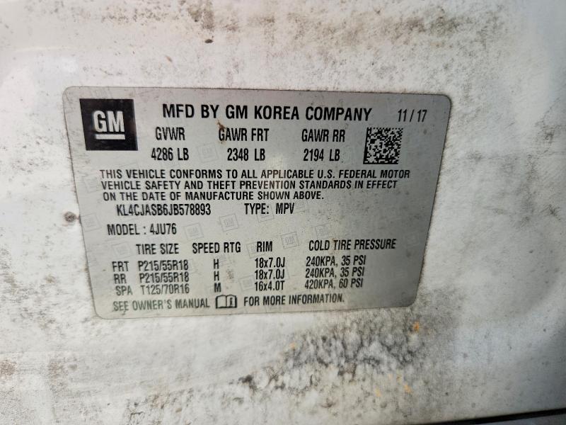 60776046 :رقم المزاد ، KL4CJASB6JB578893 vin ، 2018 Buick Encore مزاد بيع