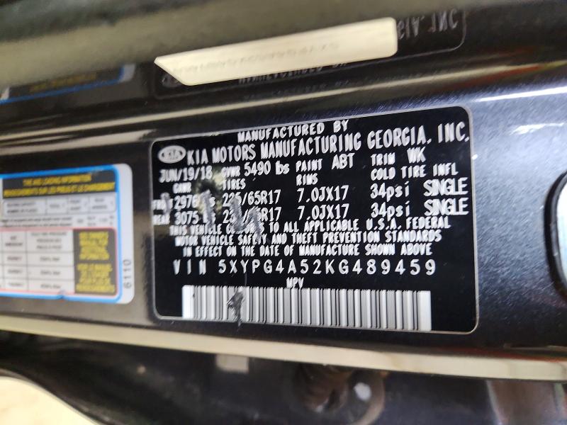 2019 Kia Sorento მანქანა იყიდება აუქციონზე, vin: 5XYPG4A52KG489459, აუქციონის ნომერი: 63008386