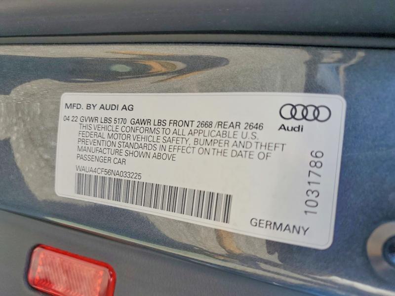 59191446 :رقم المزاد ، WAUA4CF56NA033225 vin ، 2022 Audi S5 مزاد بيع