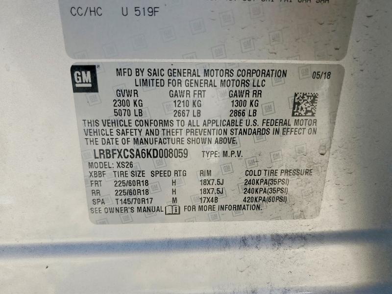 Aukcja sprzedaży 2019 Buick Envision, vin: LRBFXCSA6KD008059, numer aukcji: 62777496