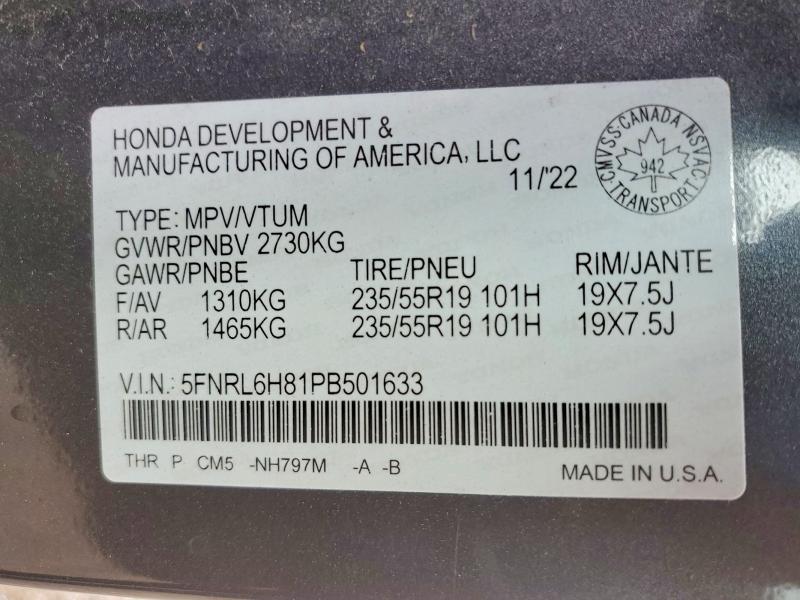 2023 Honda Odyssey მანქანა იყიდება აუქციონზე, vin: 5FNRL6H81PB501633, აუქციონის ნომერი: 61865786