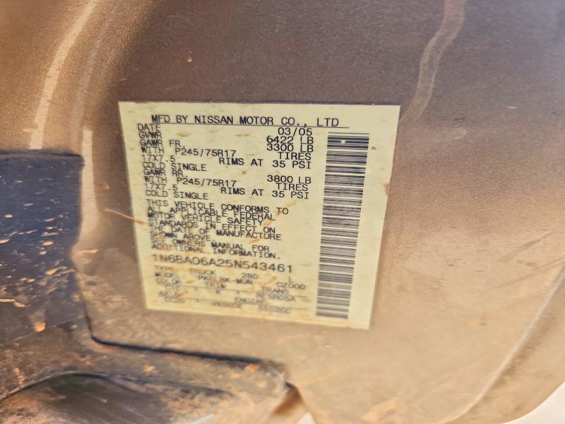 2005 Nissan Titan მანქანა იყიდება აუქციონზე, vin: 1N6BA06A25N543461, აუქციონის ნომერი: 62794636