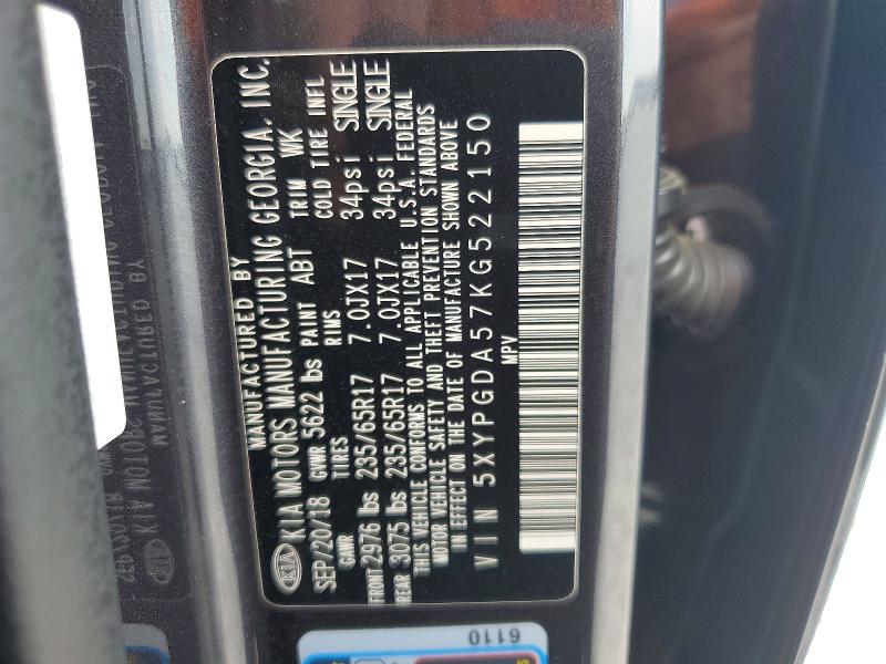 Aukcja sprzedaży 2019 Kia Sorento, vin: 5XYPGDA57KG522150, numer aukcji: 59395186
