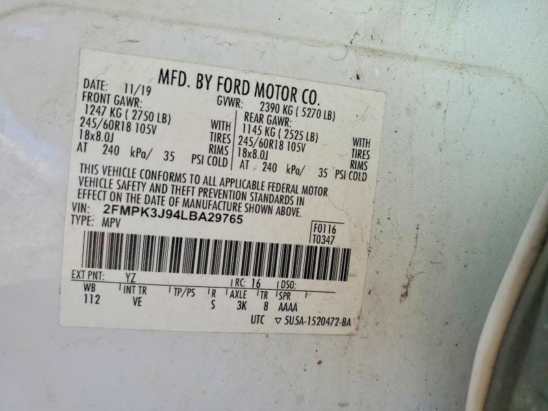 63333786 :رقم المزاد ، 2FMPK3J94LBA29765 vin ، 2020 Ford Edge مزاد بيع