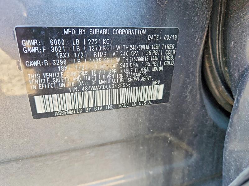 61041796 :رقم المزاد ، 4S4WMACD0K3469556 vin ، 2019 Subaru Ascent مزاد بيع