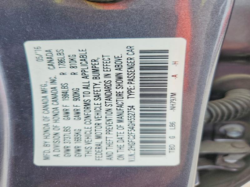 Aukcja sprzedaży 2016 Honda Civic, vin: 2HGFC2F54GH552754, numer aukcji: 61701446