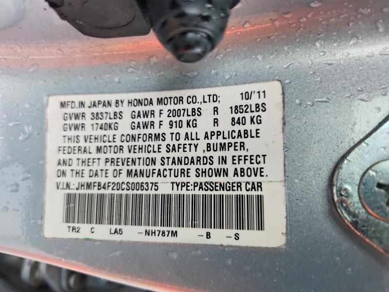 Aukcja sprzedaży 2012 Honda Civic, vin: JHMFB4F20CS006375, numer aukcji: 59766046