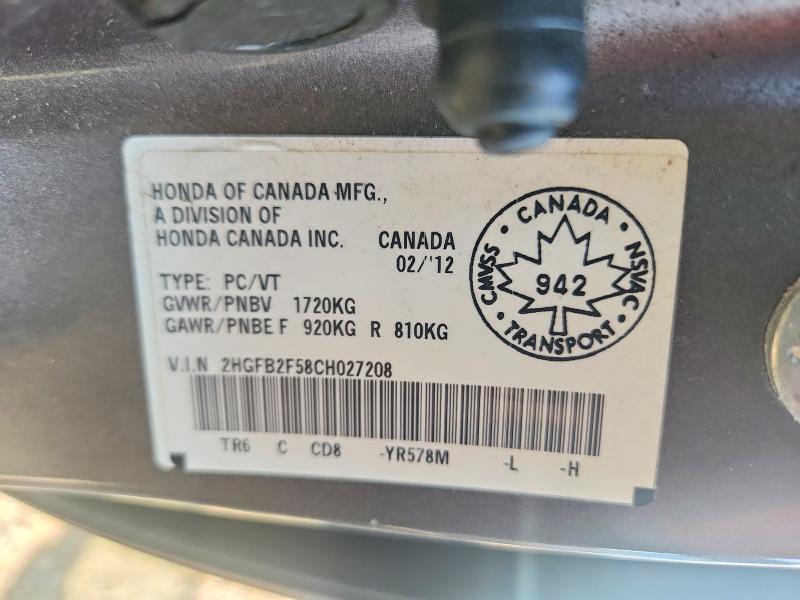 61507636 :رقم المزاد ، 2HGFB2F58CH027208 vin ، 2012 Honda Civic مزاد بيع