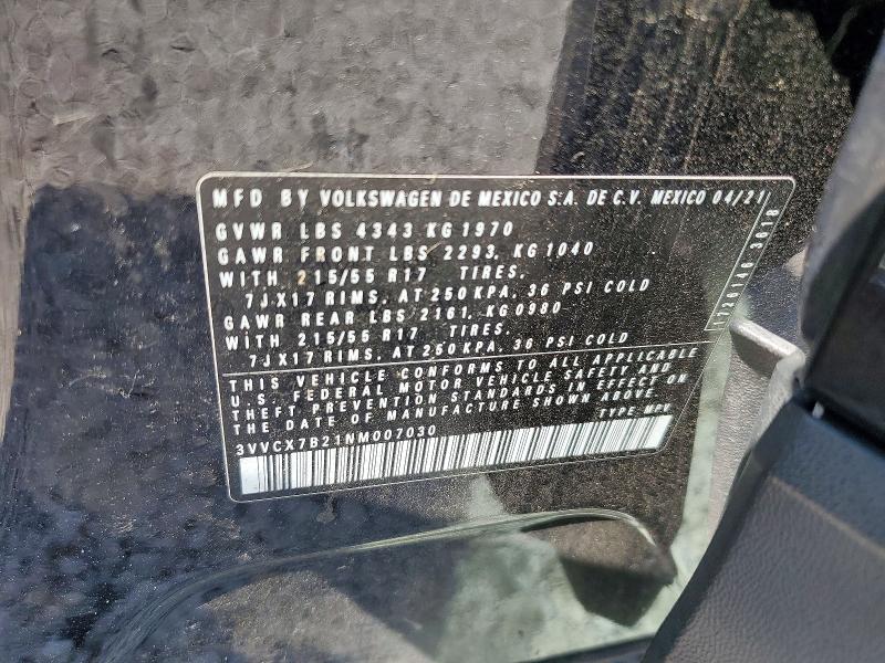 62790296 :رقم المزاد ، 3VVCX7B21NM007030 vin ، 2022 Volkswagen Taos مزاد بيع