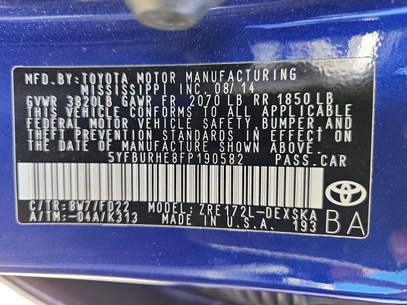 Продажа на аукционе авто 2015 Toyota Corolla, vin: 5YFBURHE8FP190582, номер лота: 62078586