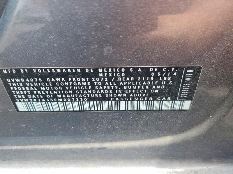 2014 Volkswagen Jetta მანქანა იყიდება აუქციონზე, vin: 3VW2K7AJ3EM307330, აუქციონის ნომერი: 77250735