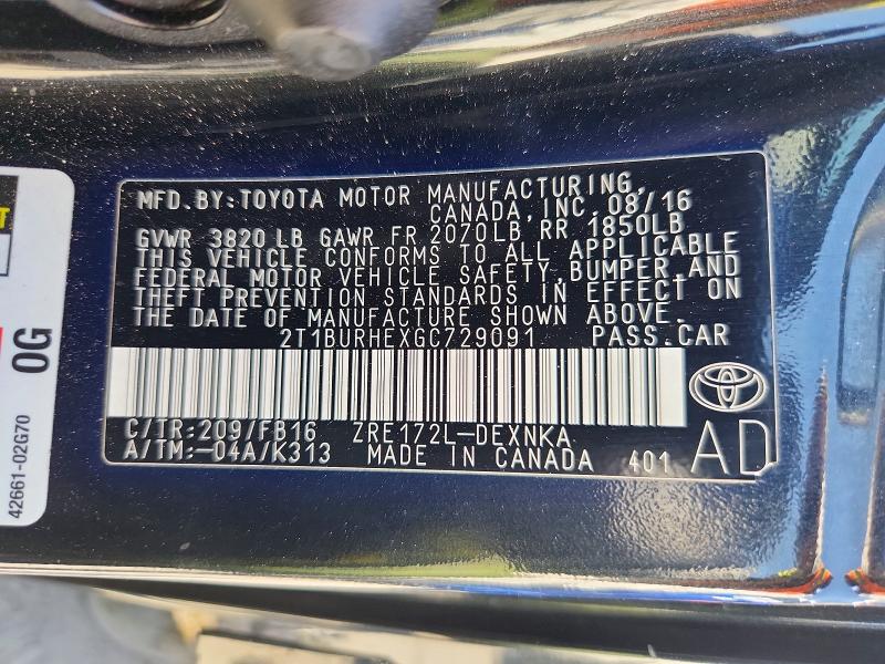 2016 Toyota Corolla მანქანა იყიდება აუქციონზე, vin: 2T1BURHEXGC729091, აუქციონის ნომერი: 62153216