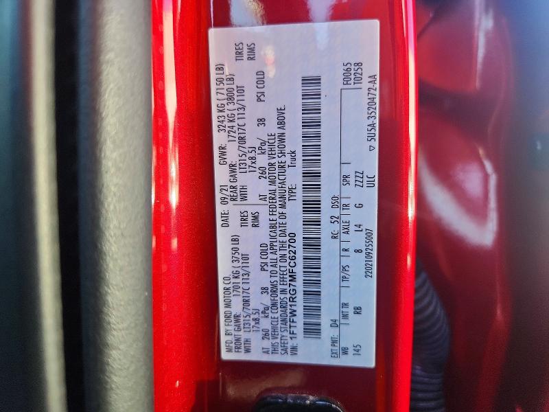 63422026 :رقم المزاد ، 1FTFW1RG7MFC62700 vin ، 2021 Ford F150 مزاد بيع
