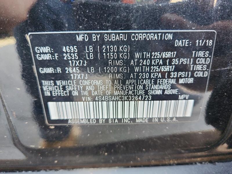 60671736 :رقم المزاد ، 4S4BSAHC3K3264723 vin ، 2019 Subaru Outback مزاد بيع