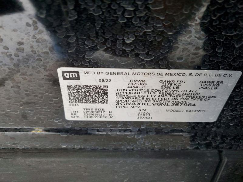 Продаж на аукціоні авто 2022 Chevrolet Equinox, vin: 3GNAXKEV6NL267984, номер лоту: 62285956