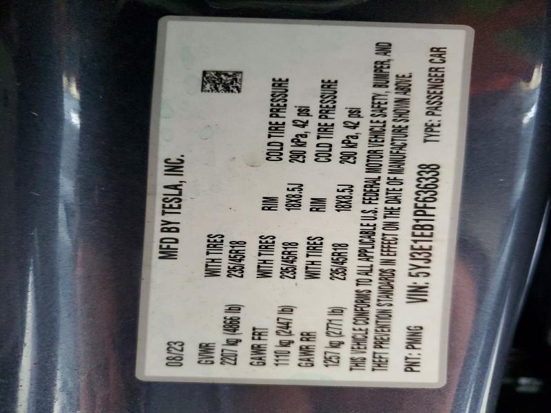 2023 Tesla Model 3 მანქანა იყიდება აუქციონზე, vin: 5YJ3E1EB1PF636338, აუქციონის ნომერი: 61801806