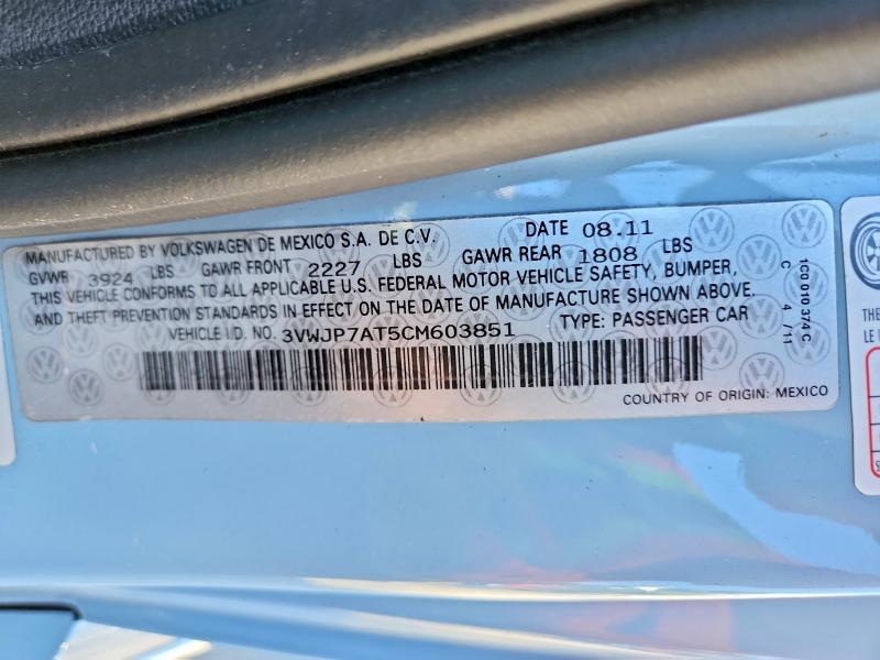 Aukcja sprzedaży 2012 Volkswagen Beetle, vin: 3VWJP7AT5CM603851, numer aukcji: 62859736