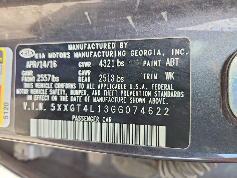 2016 Kia Optima მანქანა იყიდება აუქციონზე, vin: 5XXGT4L13GG074622, აუქციონის ნომერი: 60802936
