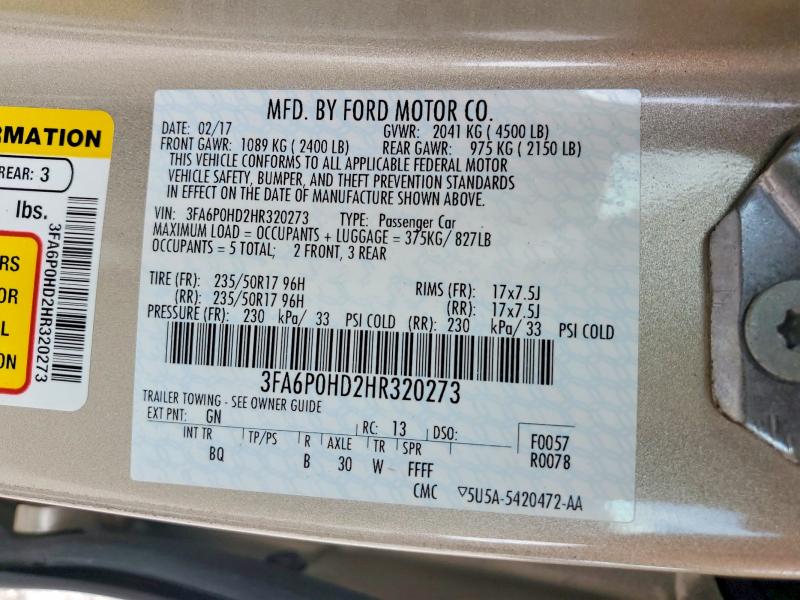 Aukcja sprzedaży 2017 Ford Fusion, vin: 3FA6P0HD2HR320273, numer aukcji: 63335086