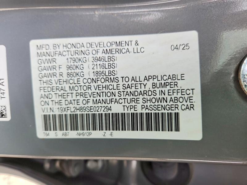 2025 Honda Civic მანქანა იყიდება აუქციონზე, vin: 19XFL2H89SE027294, აუქციონის ნომერი: 62346816