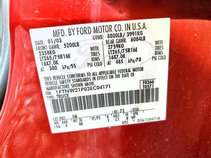 2003 Ford F250 მანქანა იყიდება აუქციონზე, vin: 1FTNW21P03EC04171, აუქციონის ნომერი: 62827406