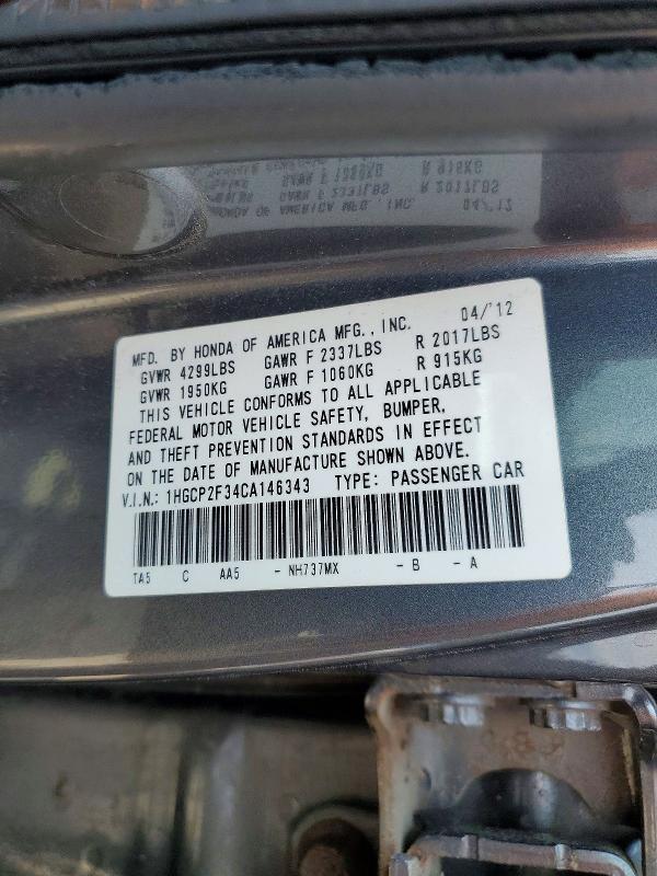 60957126 :رقم المزاد ، 1HGCP2F34CA146343 vin ، 2012 Honda Accord مزاد بيع