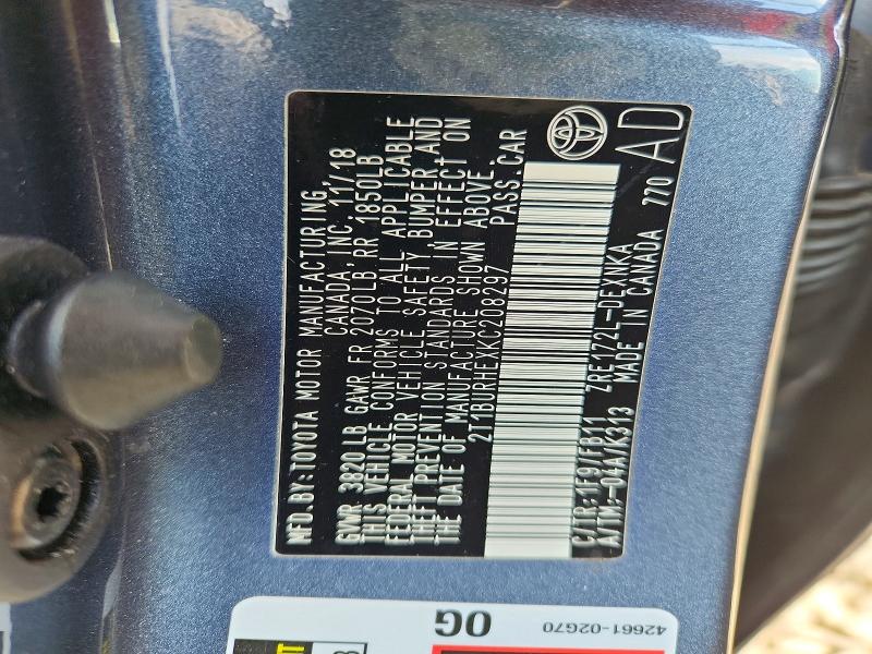 2019 Toyota Corolla მანქანა იყიდება აუქციონზე, vin: 2T1BURHEXKC208297, აუქციონის ნომერი: 61059226