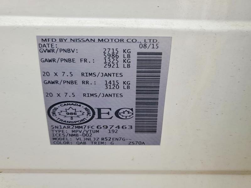 Aukcja sprzedaży 2015 Nissan Pathfinder, vin: 5N1AR2MM7FC697463, numer aukcji: 61377056