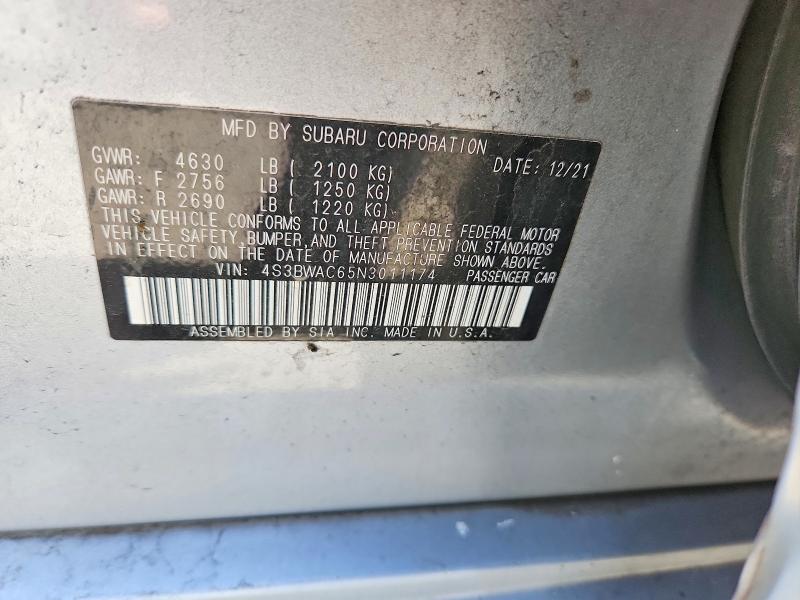 Продаж на аукціоні авто 2022 Subaru Legacy, vin: 4S3BWAC65N3011174, номер лоту: 60279056