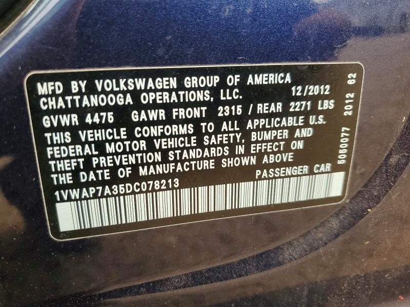 2013 Volkswagen Passat მანქანა იყიდება აუქციონზე, vin: 1VWAP7A35DC078213, აუქციონის ნომერი: 60439186