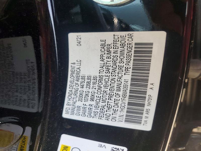 Продажа на аукционе авто 2021 Honda Accord, vin: 1HGCV1F49MA069141, номер лота: 62945166