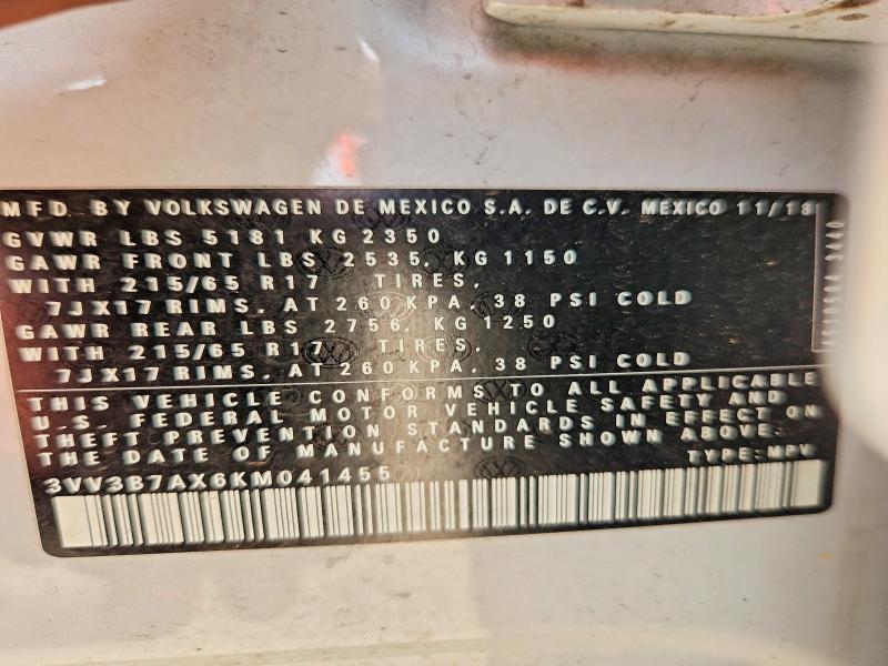 60611626 :رقم المزاد ، 3VV3B7AX6KM041455 vin ، 2019 Volkswagen Tiguan مزاد بيع