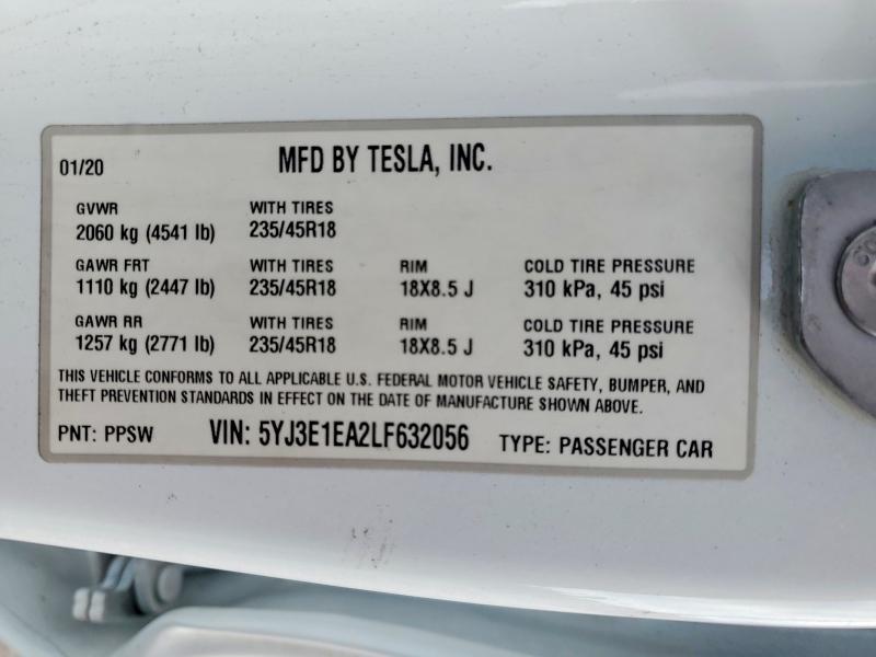 Продаж на аукціоні авто 2020 Tesla Model 3, vin: 5YJ3E1EA2LF632056, номер лоту: 60500106