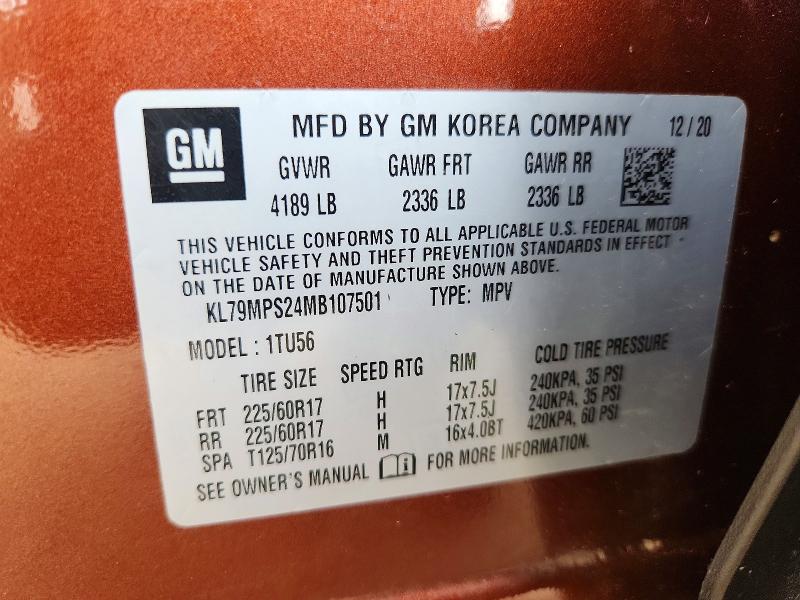 2021 Chevrolet Trailblazer მანქანა იყიდება აუქციონზე, vin: KL79MPS24MB107501, აუქციონის ნომერი: 62495226