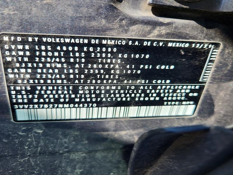 59303856 :رقم المزاد ، 3VV2X7B27NM044370 vin ، 2022 Volkswagen Taos مزاد بيع