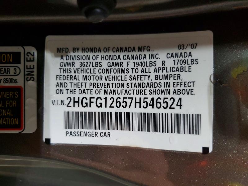 63587146 :رقم المزاد ، 2HGFG12657H546524 vin ، 2007 Honda Civic مزاد بيع