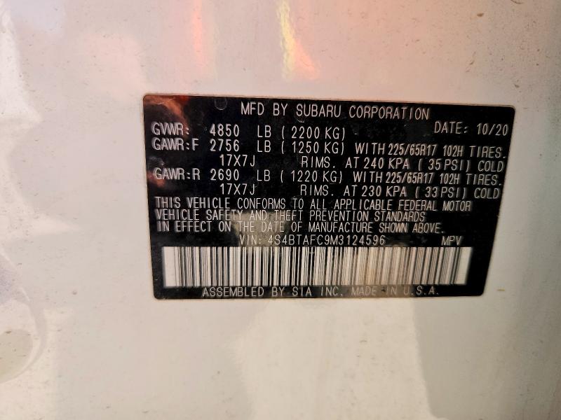 2021 Subaru Outback მანქანა იყიდება აუქციონზე, vin: 4S4BTAFC9M3124596, აუქციონის ნომერი: 62625816
