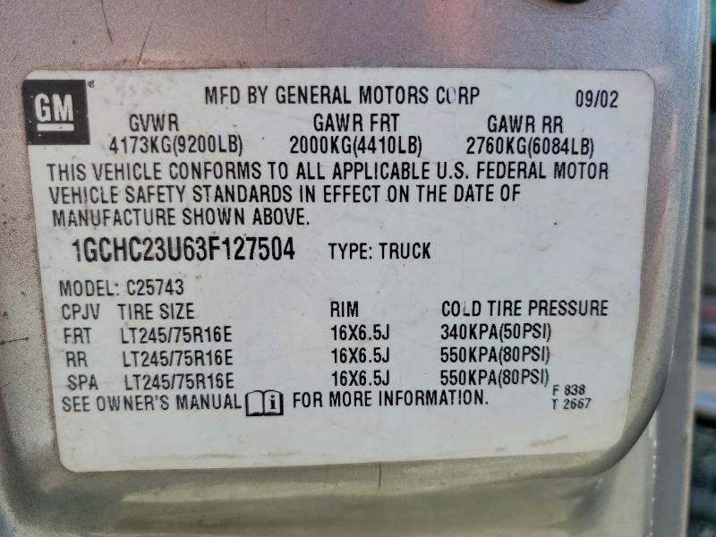 60788716 :رقم المزاد ، 1GCHC23U63F127504 vin ، 2003 Chevrolet Silverado مزاد بيع