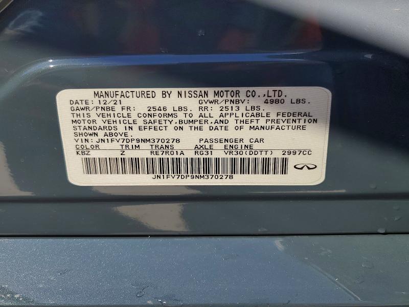 59389426 :رقم المزاد ، JN1FV7DP9NM370278 vin ، 2022 Infiniti Q50 مزاد بيع