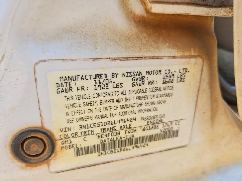Aukcja sprzedaży 2006 Nissan Sentra, vin: 3N1CB51D26L496424, numer aukcji: 59663346