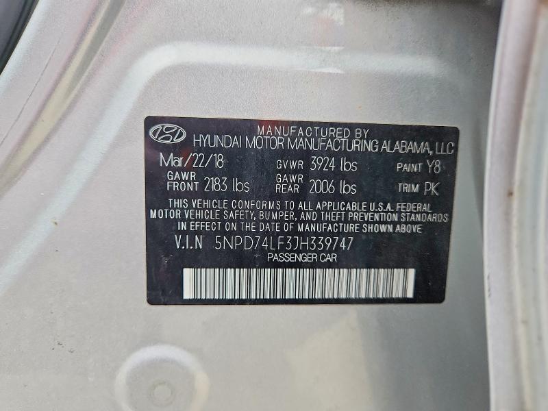 Продаж на аукціоні авто 2018 Hyundai Elantra, vin: 5NPD74LF3JH339747, номер лоту: 62996426